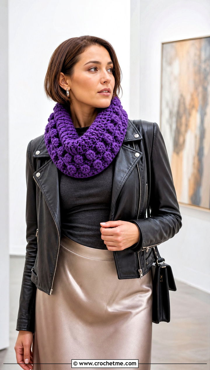 Bobble Stitch Bulky Crochet Cowl With Leather Jacket - 20 Bulky Crochet Cowl outfit ideas