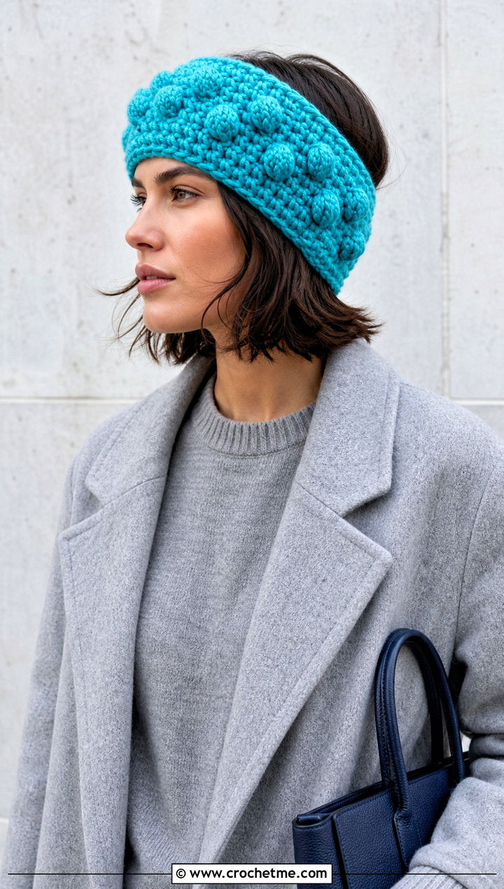 Bobble Stitch Bulky Crochet Ear Warmer With Monochrome Outfit - 25 Bulky Crochet Ear Warmer outfit ideas