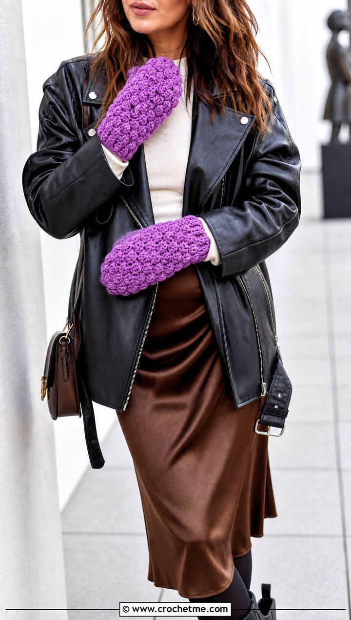 Bobble Stitch Bulky Crochet Mittens With Leather Jacket - 20 Crochet Mittens Bulky Yarn outfit ideas