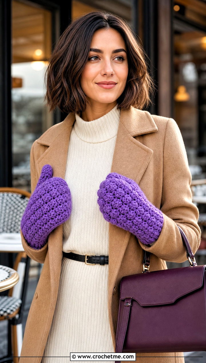 Bobble Stitch Bulky Crochet Mittens With Sweater Dress And Knee Boots - 15 Bulky Crochet Mittens outfit ideas