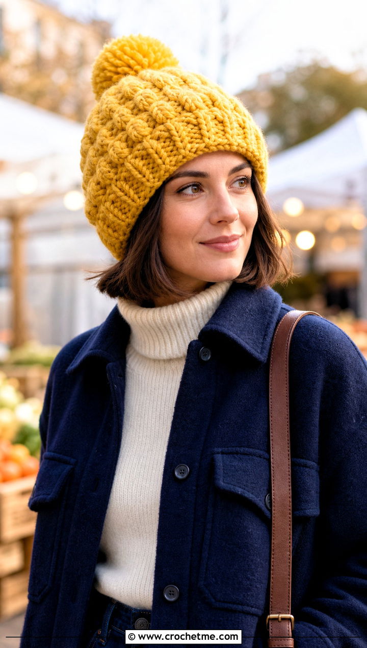 Bobble Stitch Bulky Yarn Crochet Beanie With Shacket - 30 bulky yarn crochet beanie outfit ideas