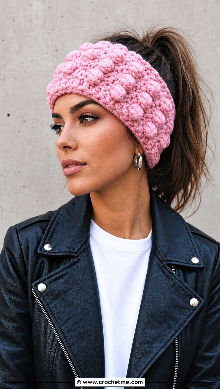 Bobble Stitch Bulky Yarn Crochet Ear Warmer With Leather Jacket - 20 Bulky Yarn Crochet Ear Warmer outfit ideas