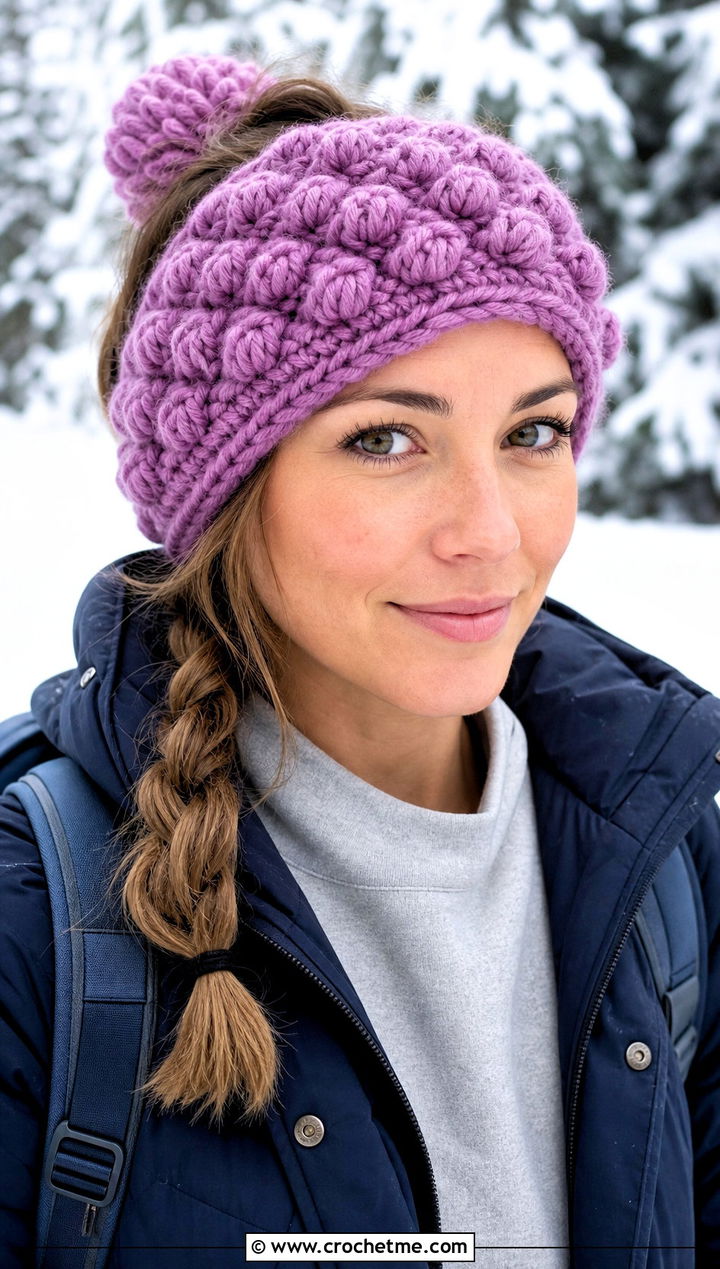 Bobble Stitch Bulky Yarn Crochet Headband With Parka - 25 bulky yarn crochet headband outfit ideas