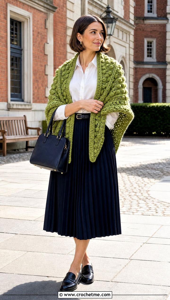 Bobble Stitch Bulky Yarn Crochet Shawl With Pleated Skirt - 20 Bulky Yarn Crochet Shawl outfit ideas