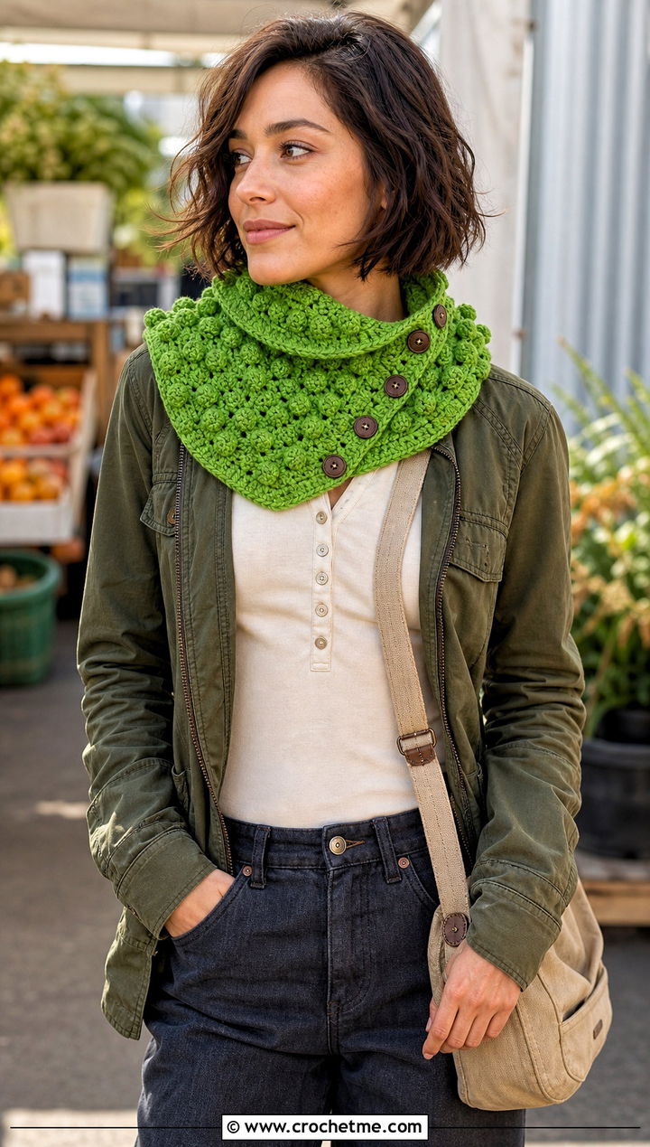 Bobble Stitch Button Cowl With Utility Jacket - 25 crochet button cowl outfit ideas