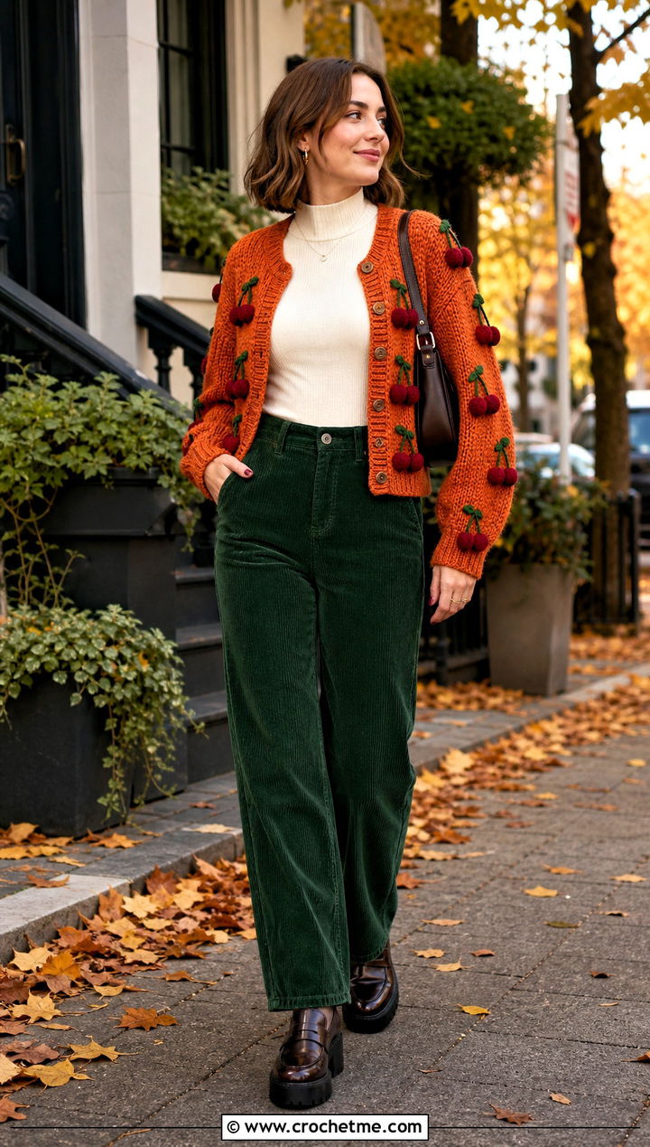 Bobble Stitch Cherry Cardigan With Corduroy Pants - 30 cherry crochet cardigan outfit ideas