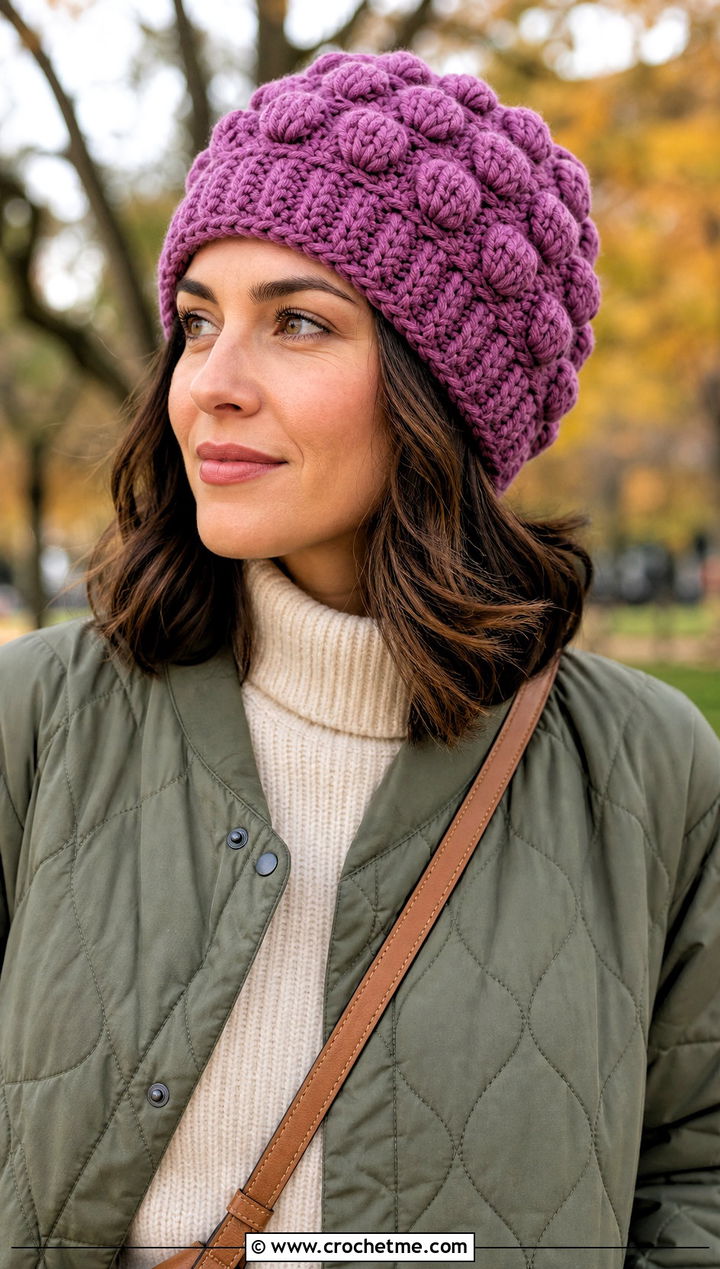 Bobble Stitch Chunky Beanie With Quilted Jacket - 35 crochet chunky beanie outfit ideas