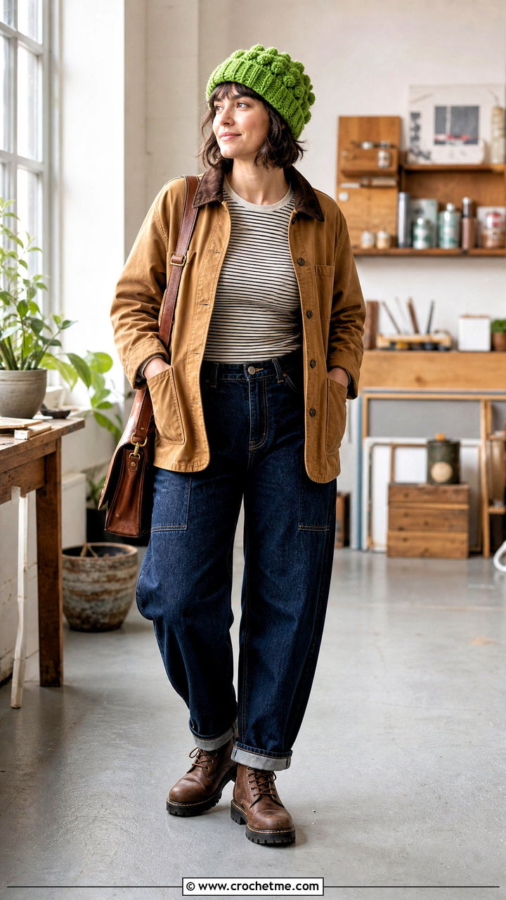 Bobble Stitch Chunky Crochet Beanie With Chore Jacket And Barrel Jeans - 35 chunky crochet beanie outfit ideas