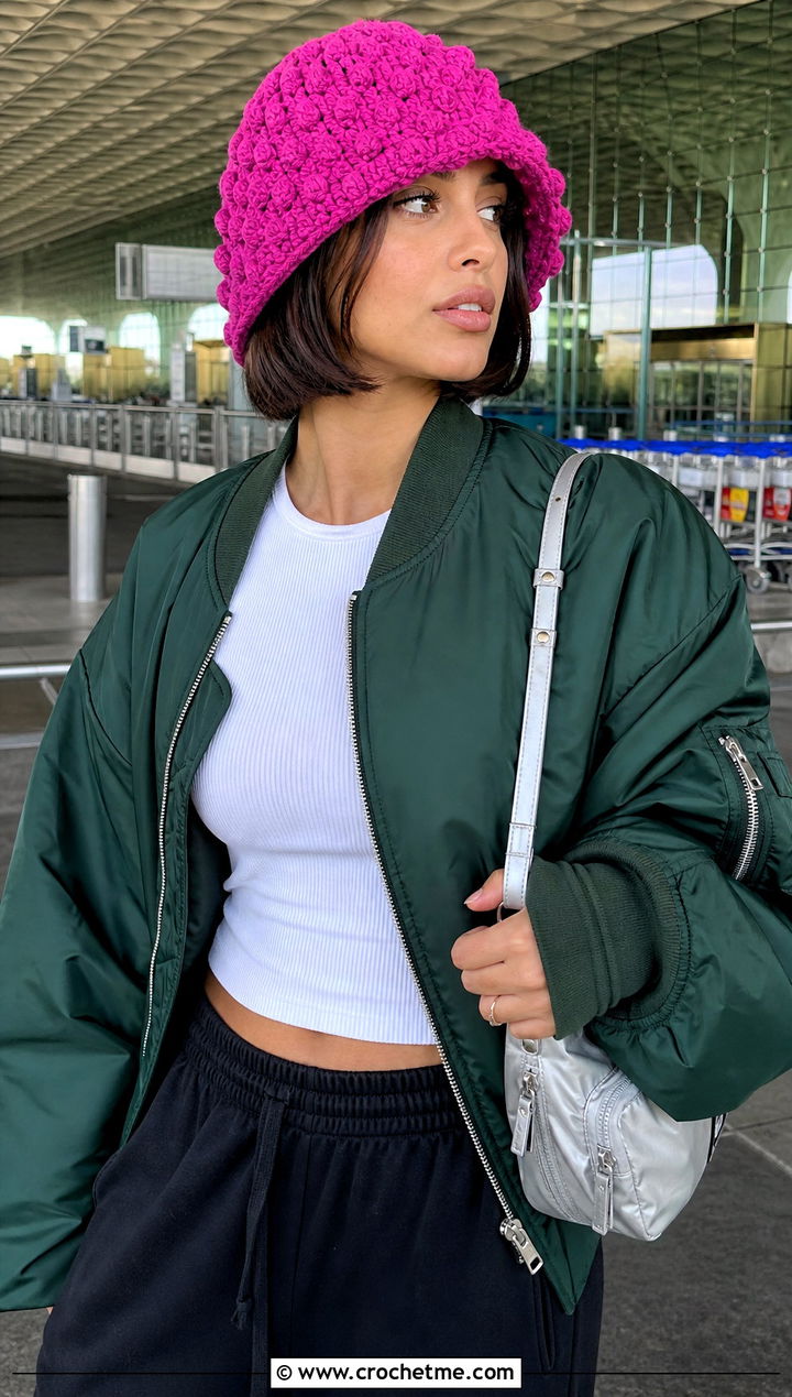 Bobble Stitch Chunky Crochet Bucket Hat With Bomber Jacket - 25 Chunky Crochet Bucket Hat outfit ideas