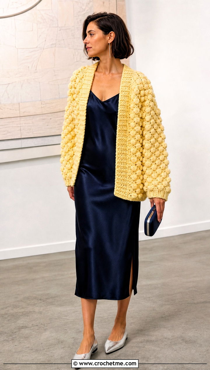 Bobble Stitch Chunky Crochet Cardigan With Slip Dress - 15 Chunky Yarn Crochet Cardigan outfit ideas