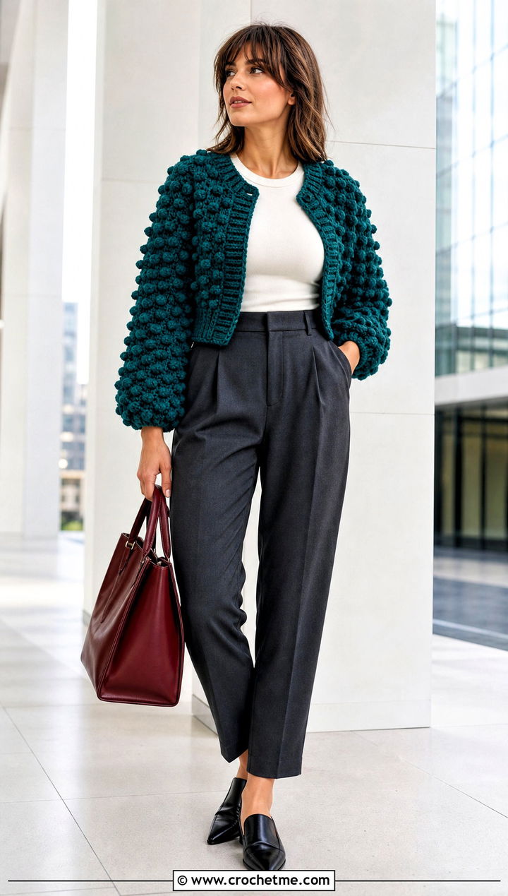 Bobble Stitch Chunky Crochet Crop Cardigan With Tailored Trousers - 25 Chunky Crochet Crop Cardigan outfit ideas