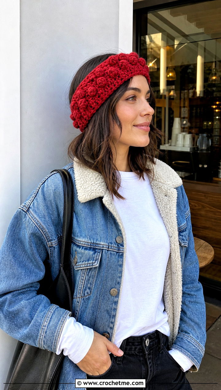 Bobble Stitch Chunky Crochet Ear Warmer With Denim Jacket - 30 chunky crochet ear warmer outfit ideas
