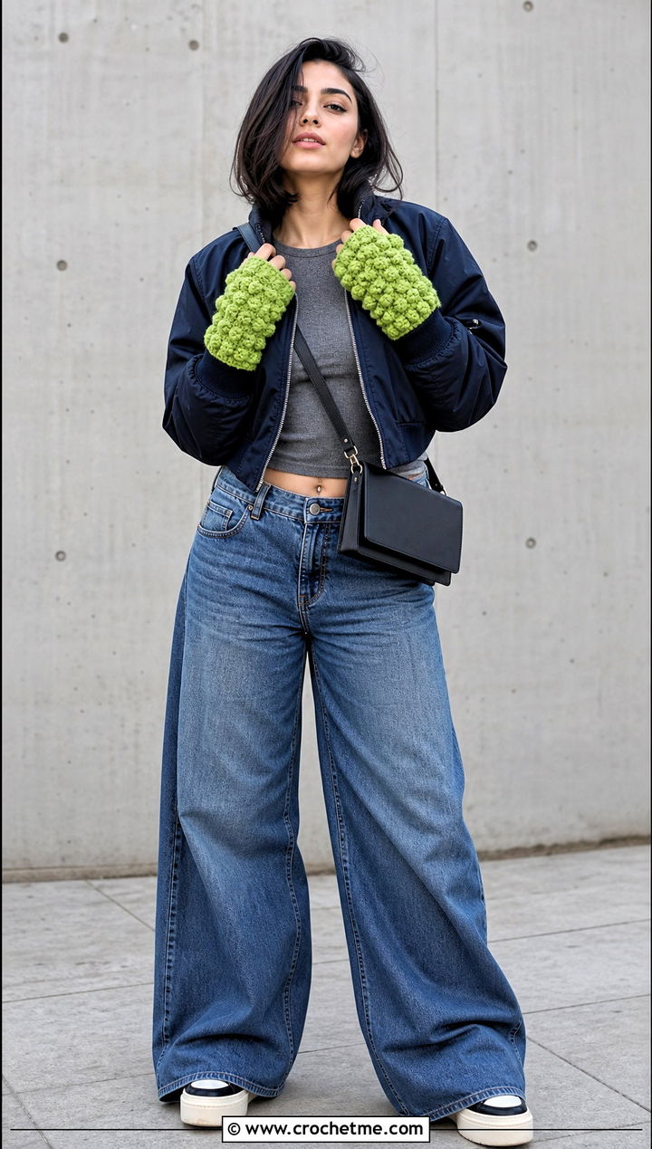 Bobble Stitch Chunky Crochet Fingerless Gloves With Bomber Jacket - 30 chunky yarn crochet fingerless gloves outfit ideas