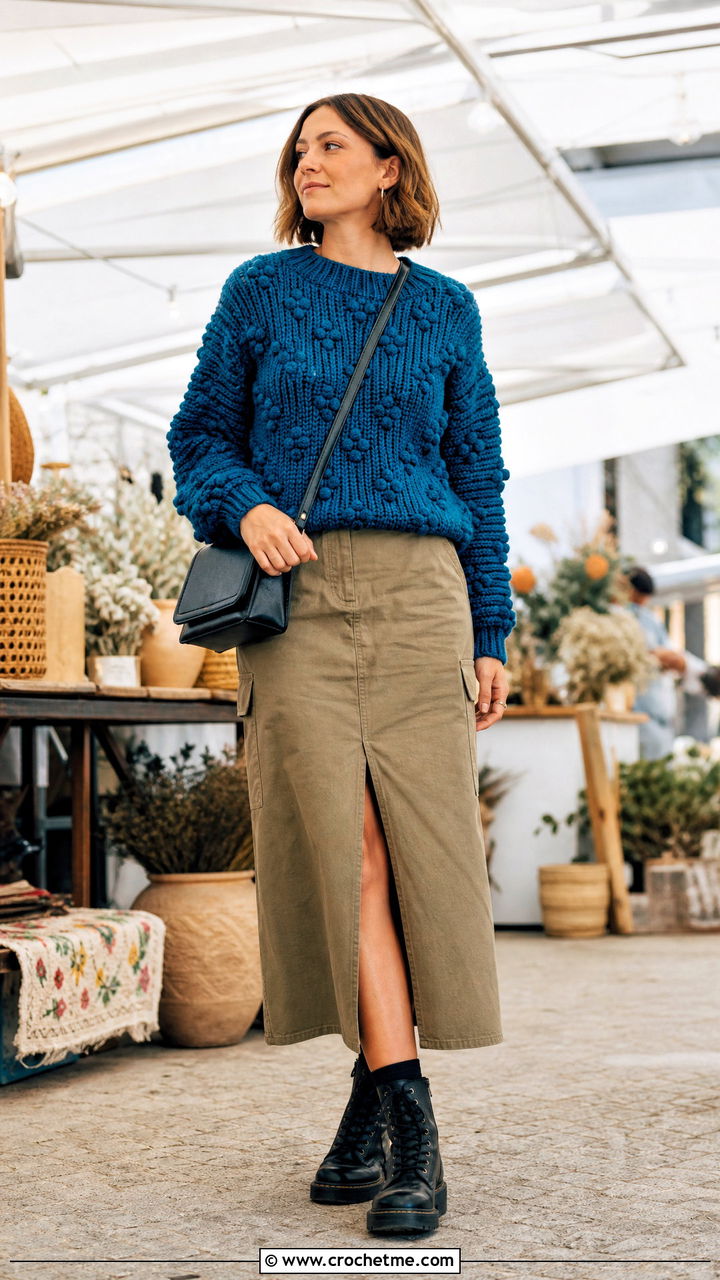 Bobble Stitch Chunky Crochet Jumper With Utility Midi Skirt - 35 chunky crochet jumper outfit ideas