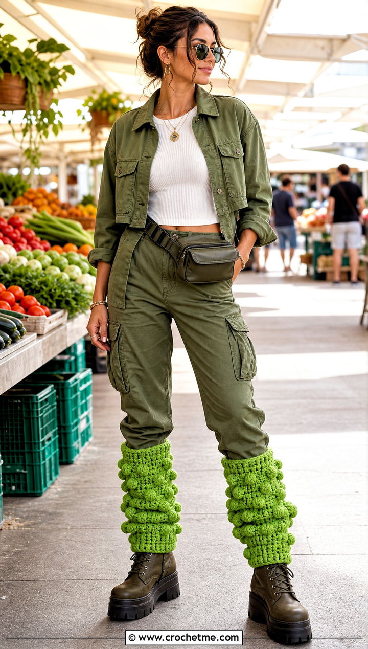 Bobble Stitch Chunky Crochet Leg Warmers With Cargo Pants - 25 chunky crochet leg warmers outfit ideas