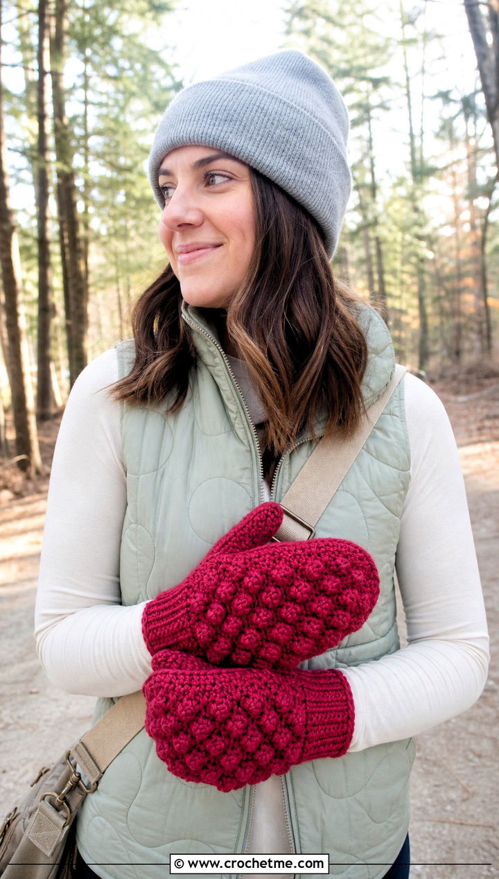 Bobble Stitch Chunky Crochet Mittens With Quilted Vest - 20 Chunky Yarn Crochet Mittens outfit ideas