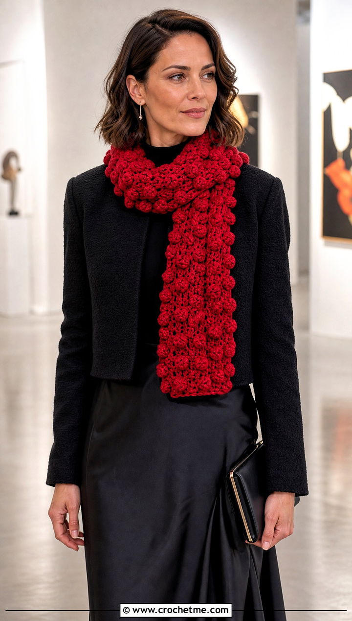 Bobble Stitch Chunky Crochet Scarf With Satin Skirt - 15 Crochet Scarves Chunky Yarn outfit ideas