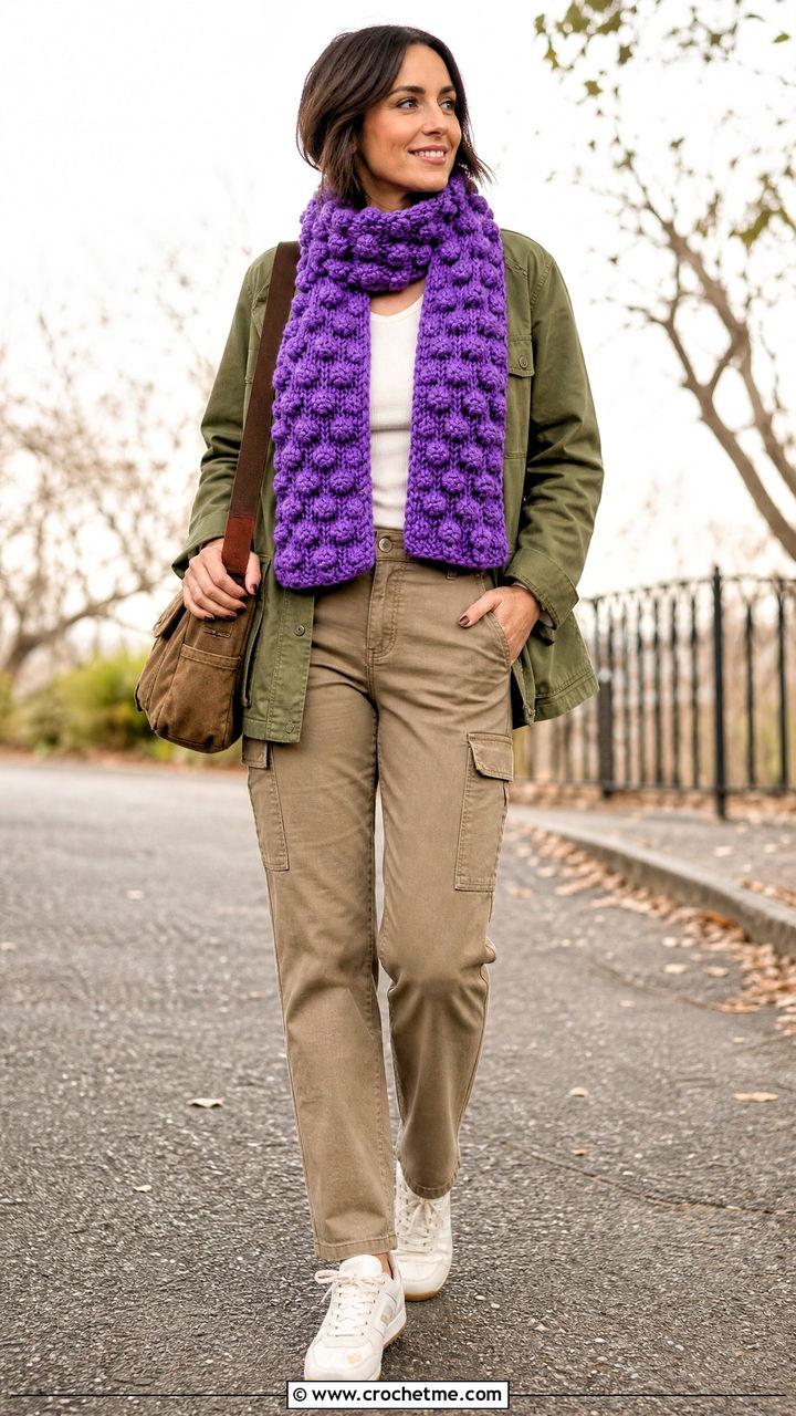 Bobble Stitch Chunky Crochet Scarf With Utility Jacket - 35 chunky crochet scarf outfit ideas