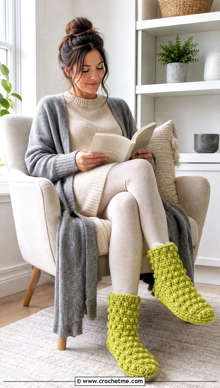 Bobble Stitch Chunky Crochet Slipper Socks With Knit Dress - 25 Chunky Crochet Socks outfit ideas