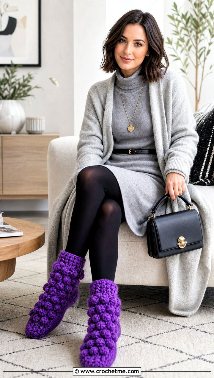 Bobble Stitch Chunky Crochet Slipper Socks With Sweater Dress - 15 chunky crochet slipper socks outfit ideas