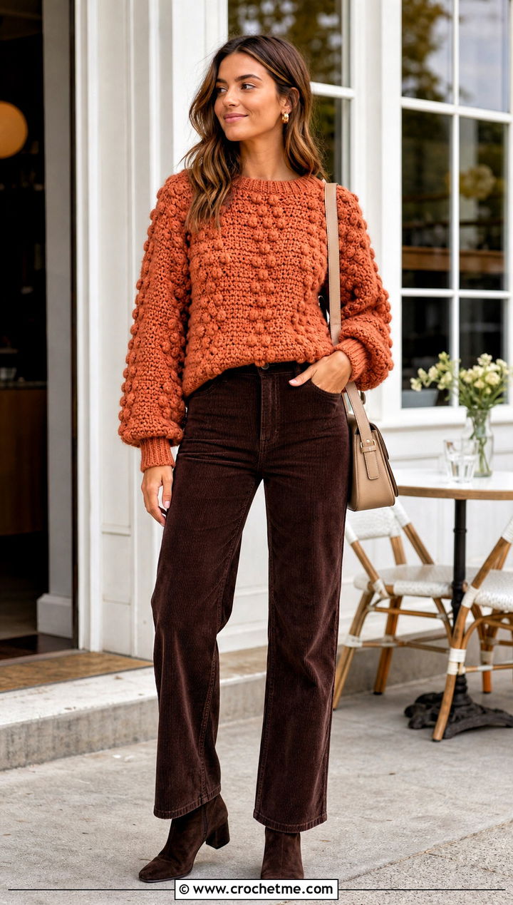Bobble Stitch Chunky Crochet Sweater With Corduroy Pants - 25 Chunky Crochet Sweaters outfit ideas