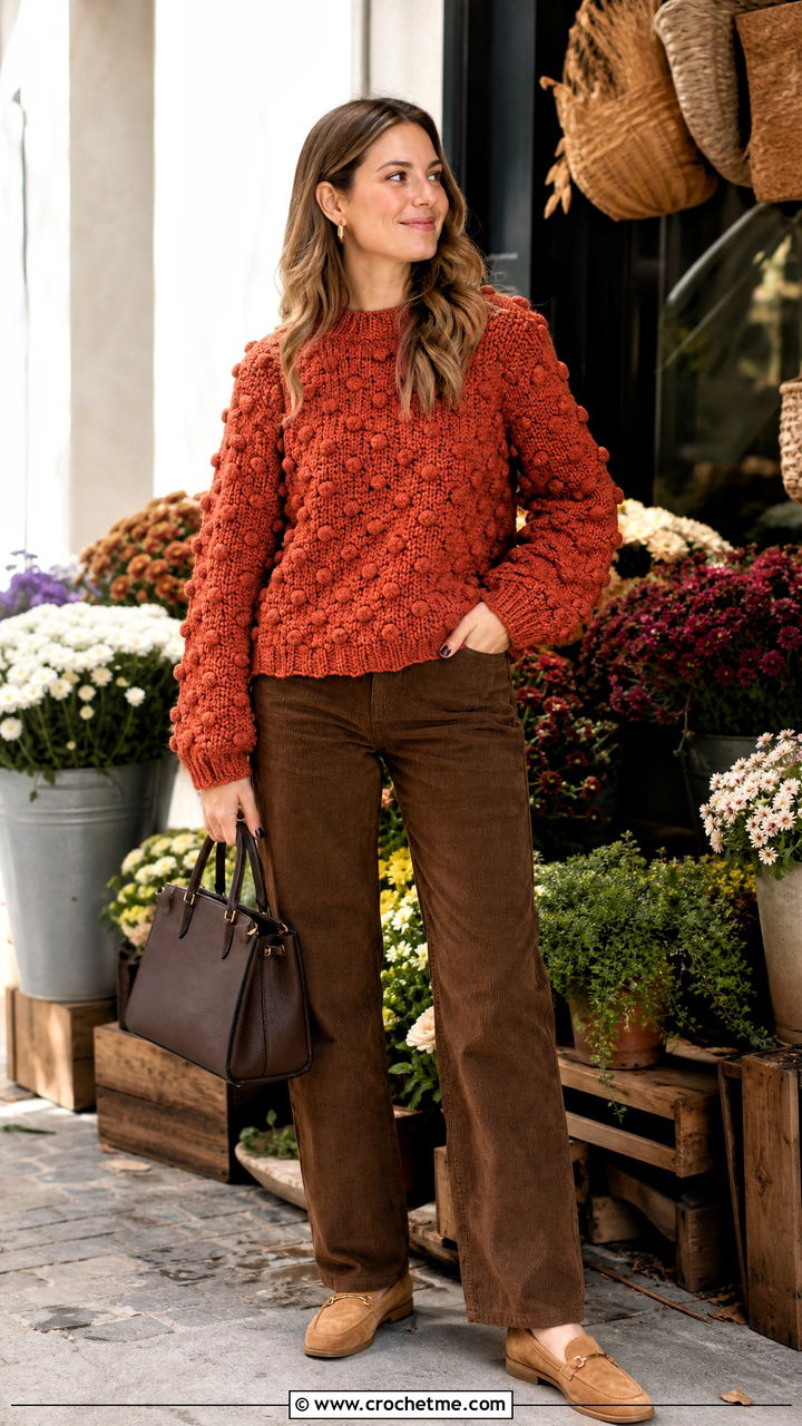 Bobble Stitch Chunky Crochet Sweater With Corduroy Pants - 35 chunky crochet sweater outfit ideas