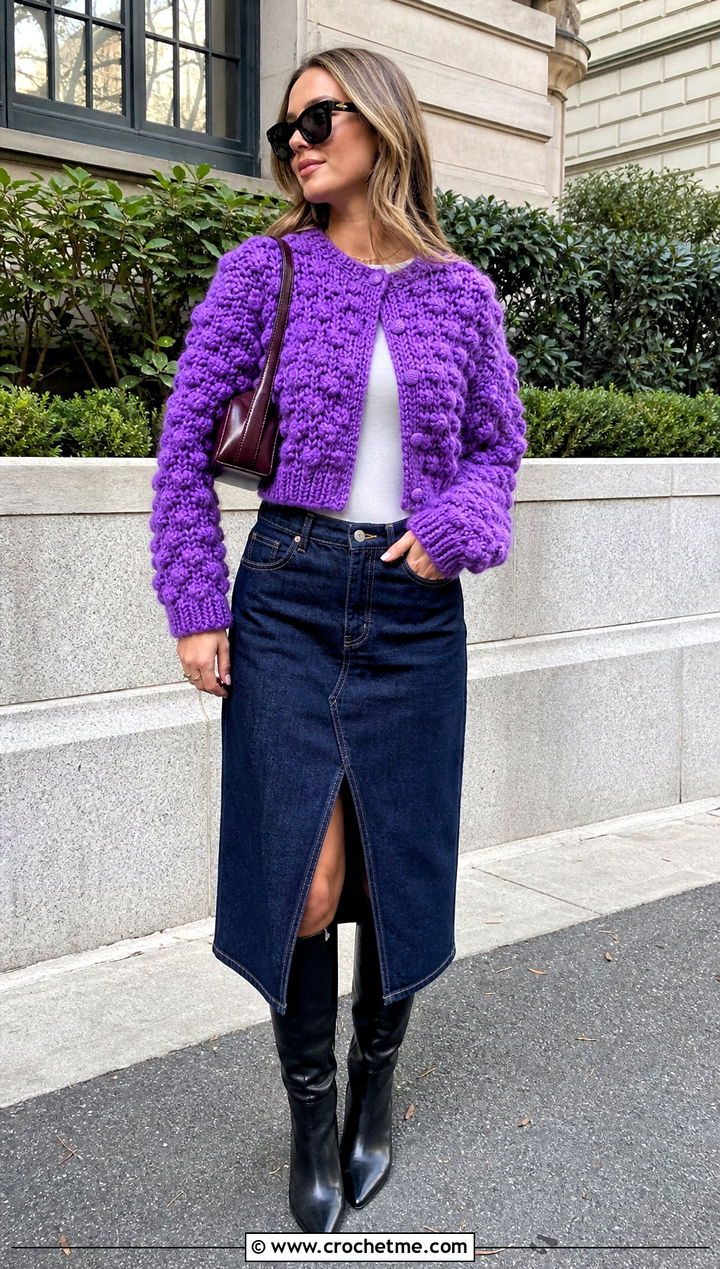 Bobble Stitch Chunky Cropped Cardigan With Denim Midi Skirt - 15 Crochet Chunky Cropped Cardigan outfit ideas