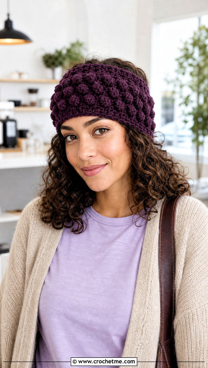 Bobble Stitch Chunky Ear Warmer With Cardigan And Jeans - 25 Crochet Chunky Ear Warmer outfit ideas