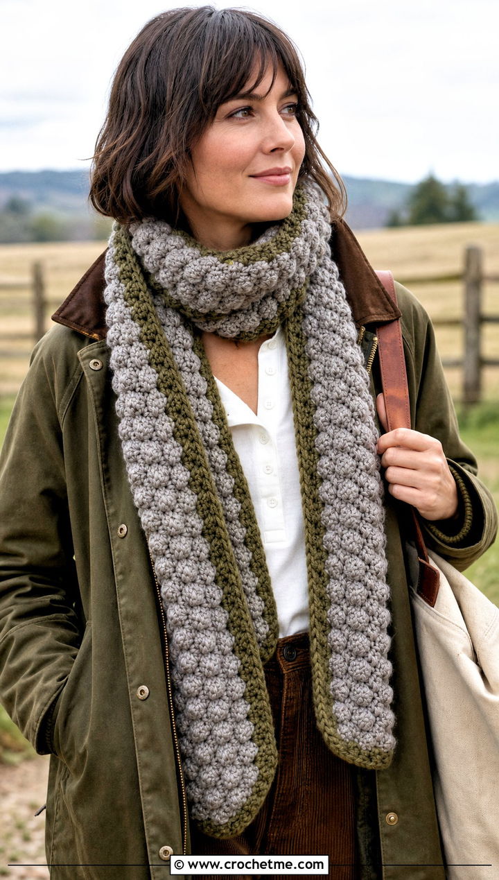 Bobble Stitch Chunky Gray Crochet Scarf With Barn Jacket And Corduroy Pants - 15 Chunky Gray Crochet Scarf outfit ideas