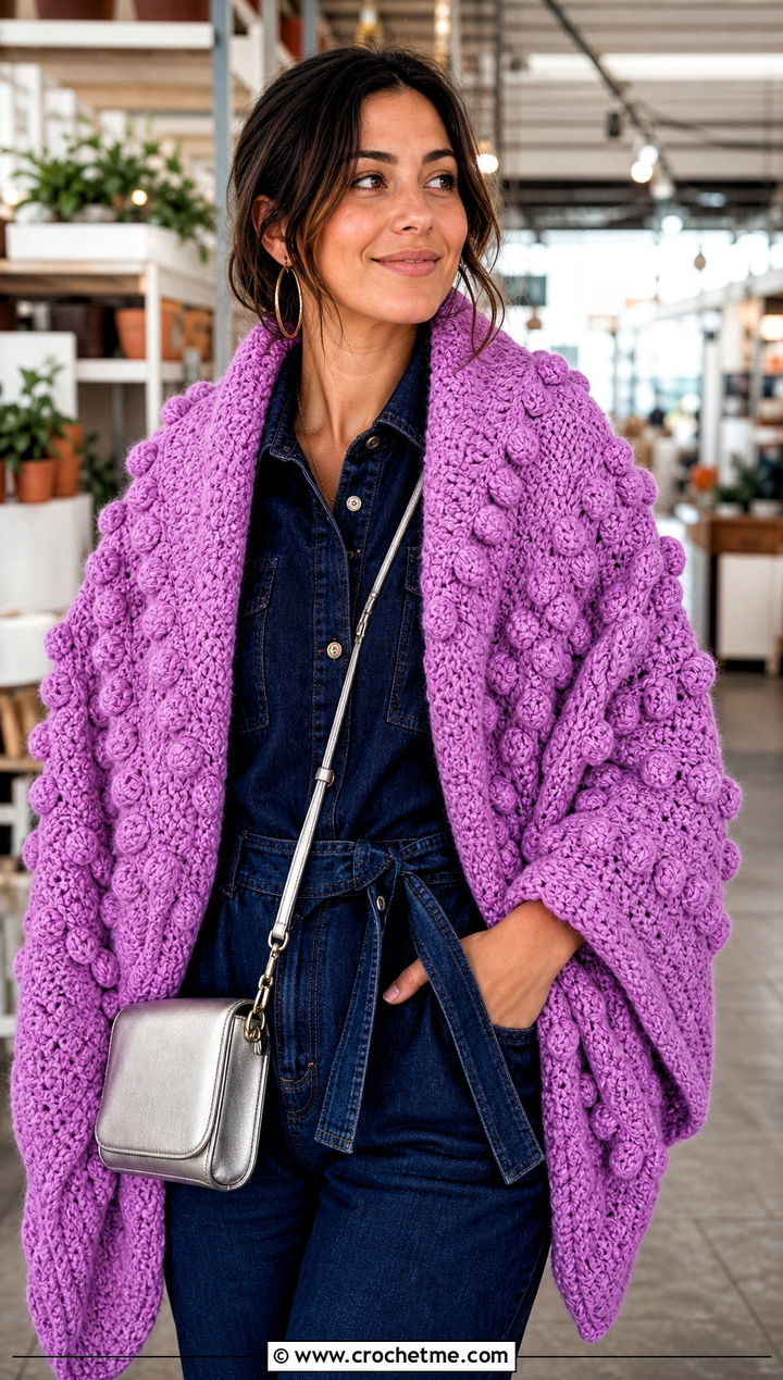 Bobble Stitch Chunky Shawl With Denim Jumpsuit - 25 Crochet Chunky Shawl outfit ideas