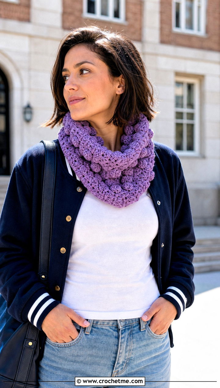 Bobble Stitch Chunky Yarn Crochet Cowl With Varsity Jacket - 25 Chunky Yarn Crochet Cowl outfit ideas