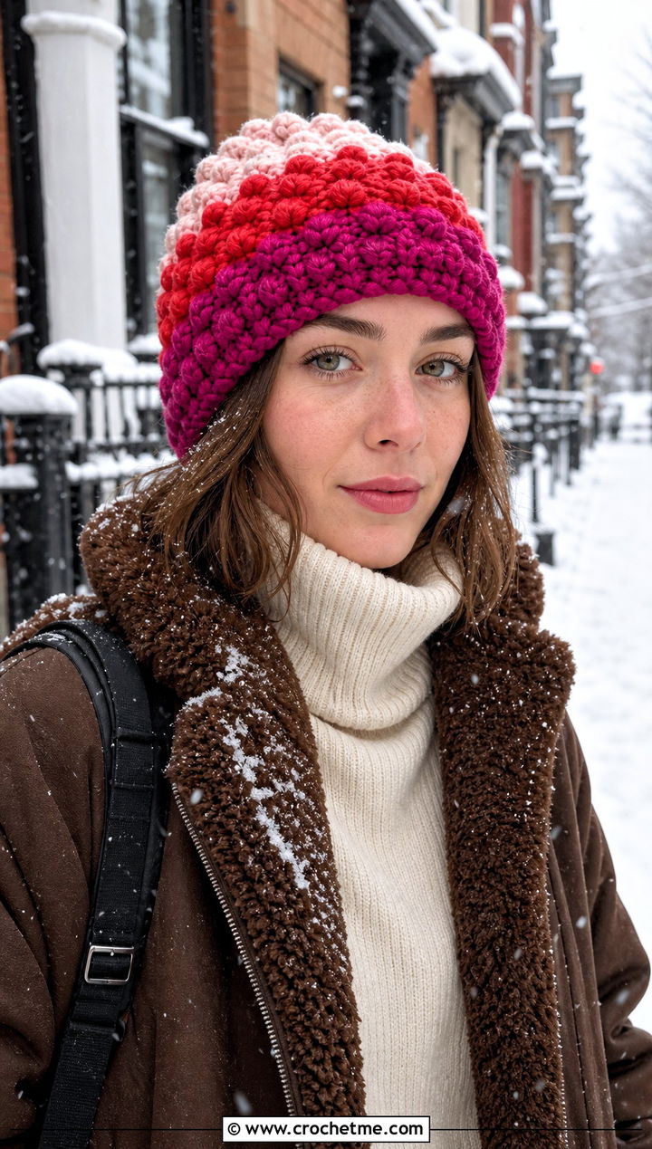 Bobble Stitch Color Block Crochet Beanie With Shearling Coat - 20 Color Block Crochet Beanie outfit ideas