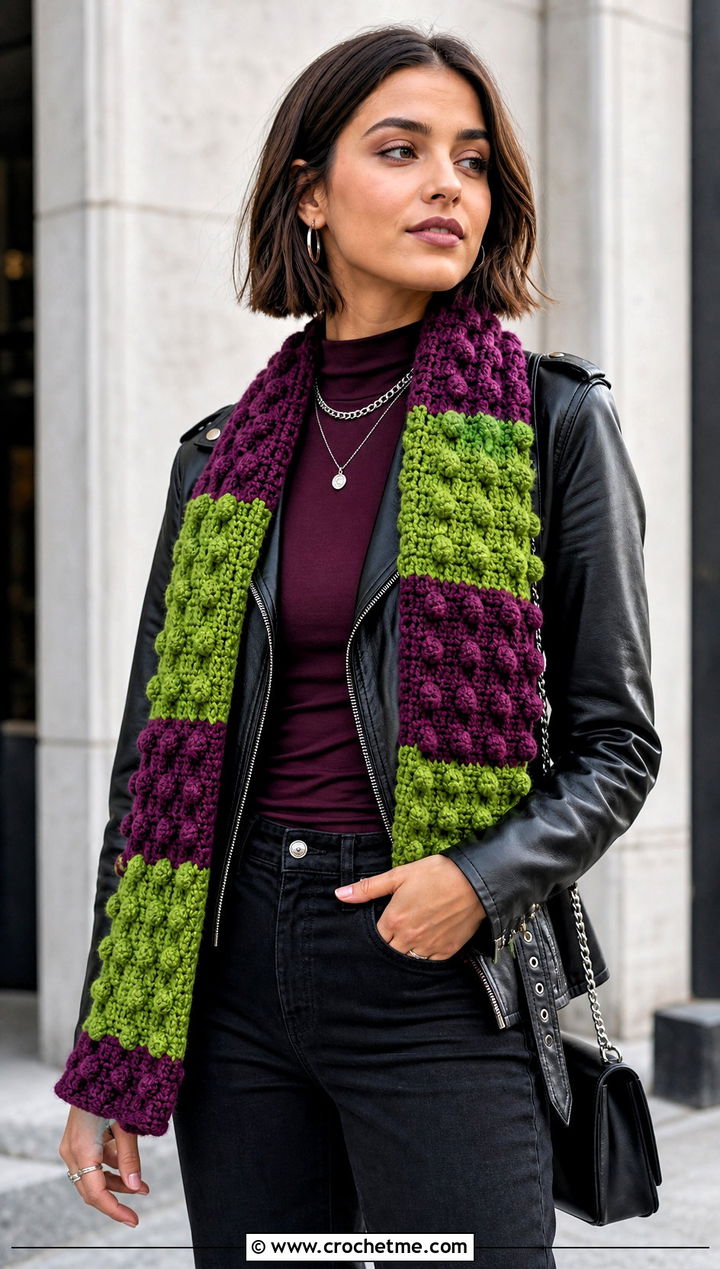Bobble Stitch Color Block Crochet Scarf With Leather Jacket - 25 Color Block Crochet Scarf outfit ideas