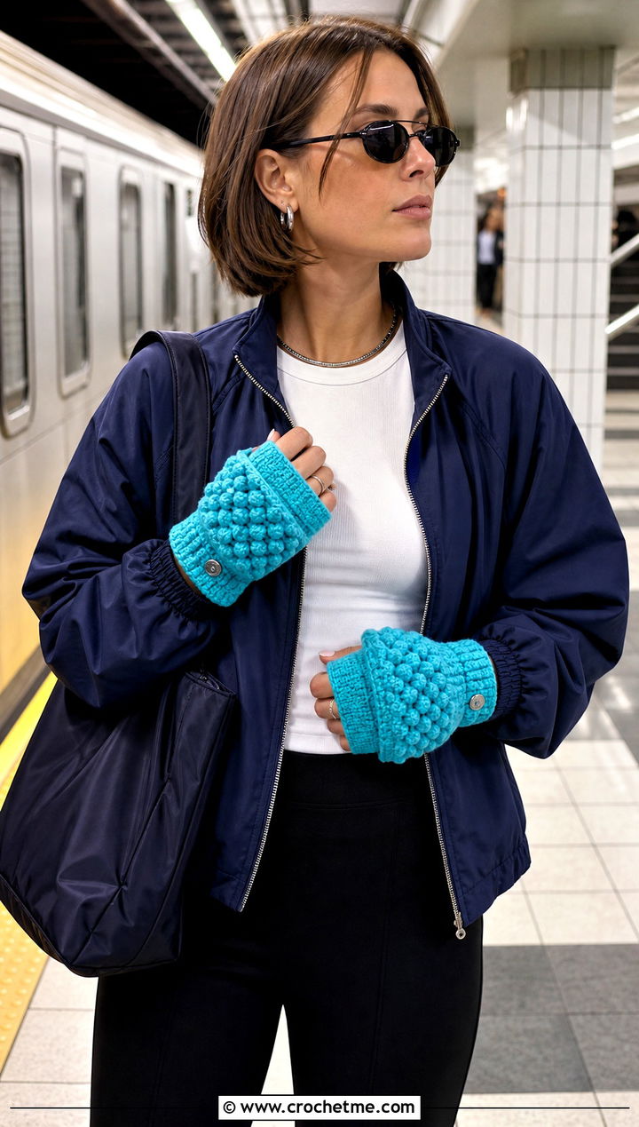 Bobble Stitch Convertible Crochet Fingerless Mittens With Track Jacket - 20 Convertible Crochet Fingerless Mittens outfit ideas