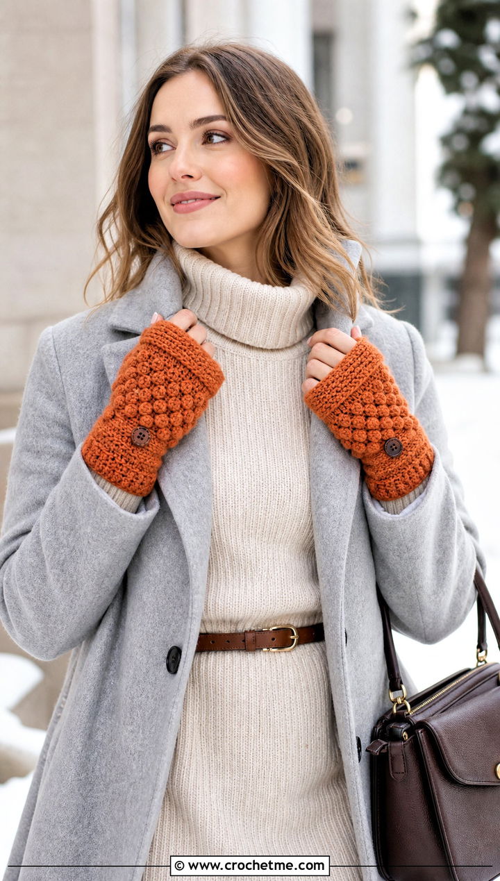 Bobble Stitch Convertible Crochet Gloves With Sweater Dress - 15 Convertible Crochet Fingerless Gloves outfit ideas