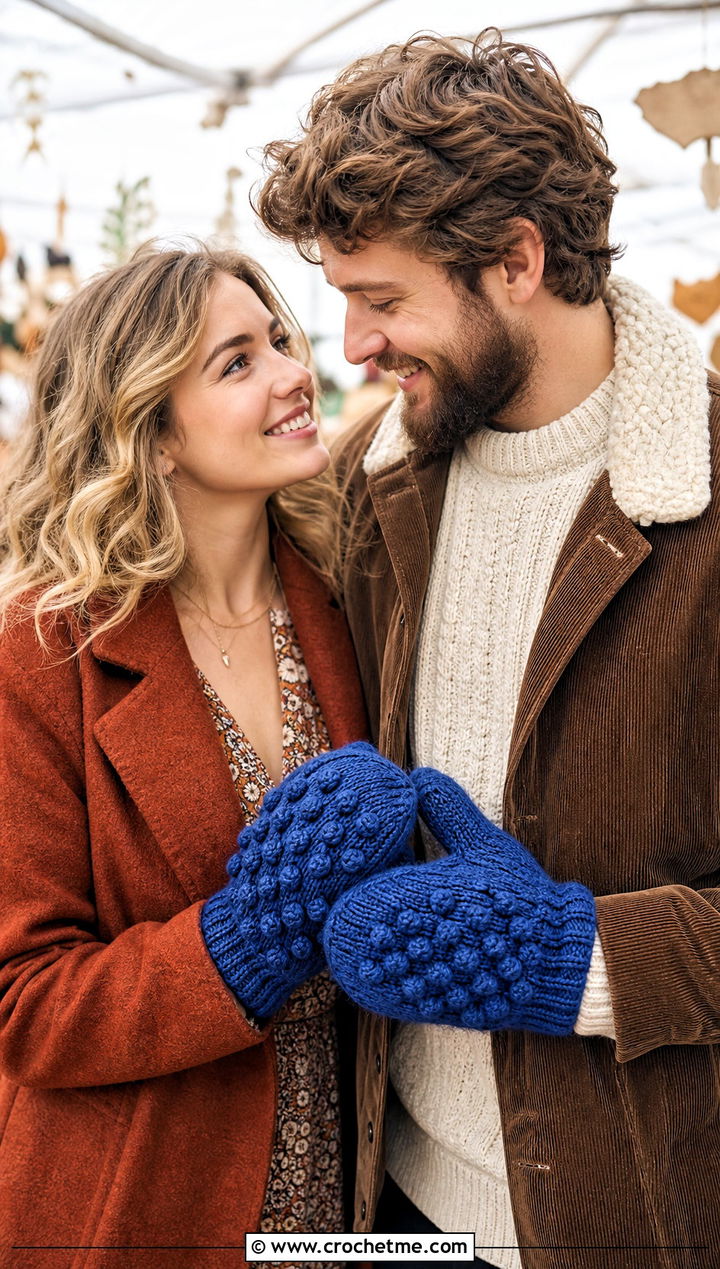 Bobble Stitch Couple Mittens With Boho Layers - 25 crochet couple mittens outfit ideas