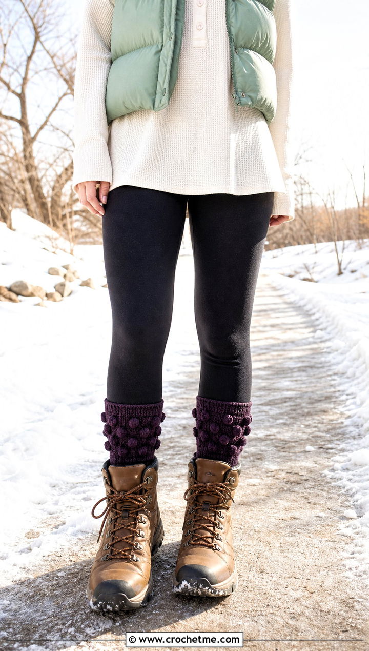 Bobble Stitch Crew Crochet Winter Socks With Puffer Vest - 30 crochet winter socks outfit ideas