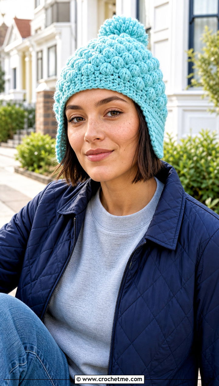 Bobble Stitch Crochet Aviator Hat With Quilted Jacket - 30 crochet aviator hat outfit ideas