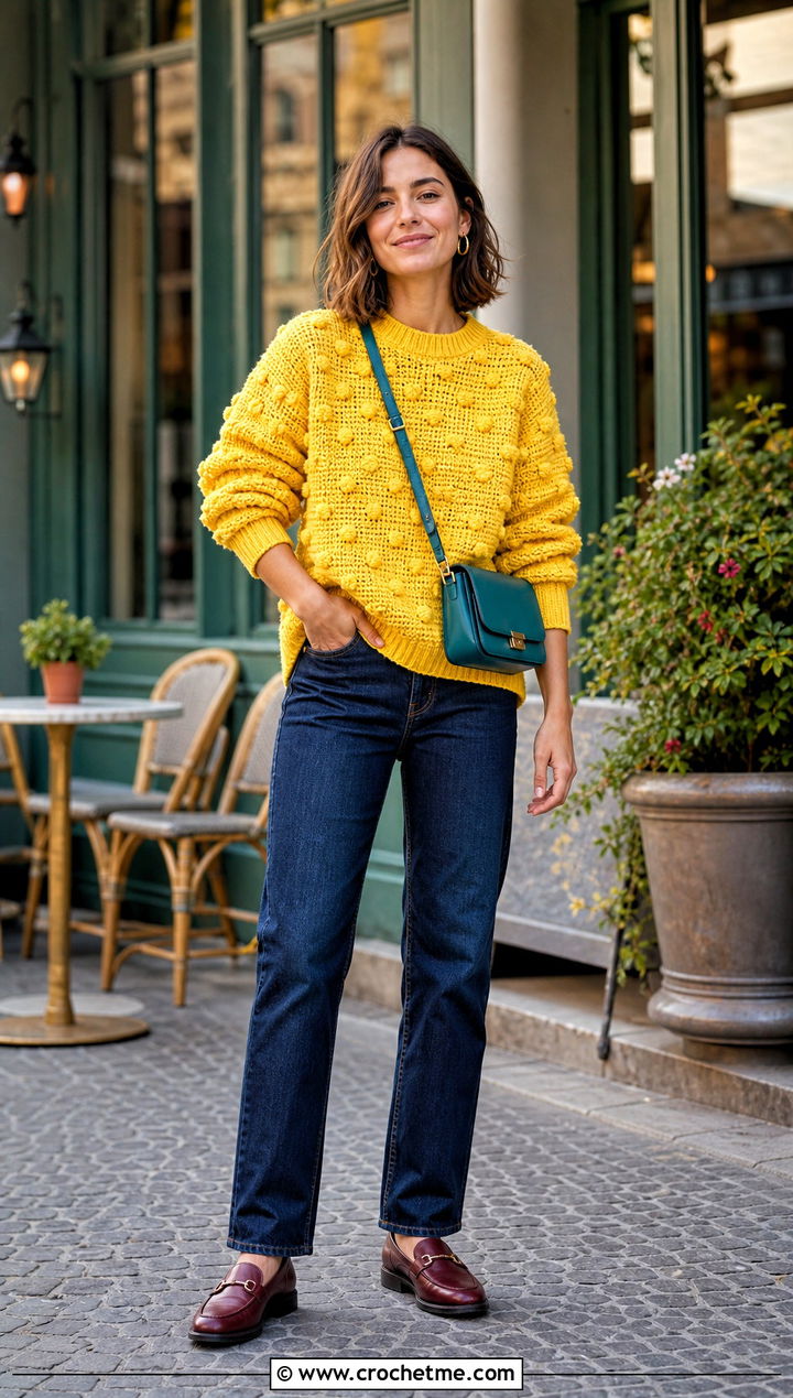Bobble Stitch Crochet Baggy Sweater With Straight Jeans - 30 crochet baggy sweater outfit ideas