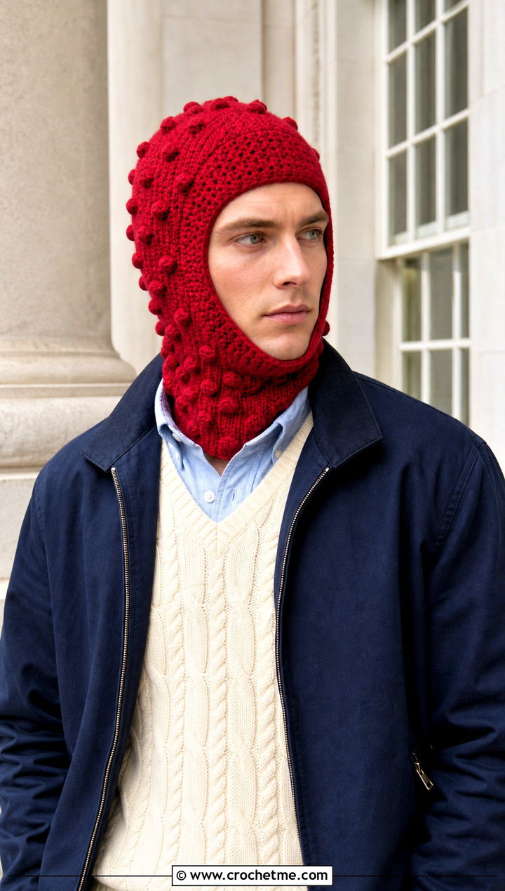 Bobble Stitch Crochet Balaclava With Preppy Outfit - 30 crochet balaclava for men outfit ideas