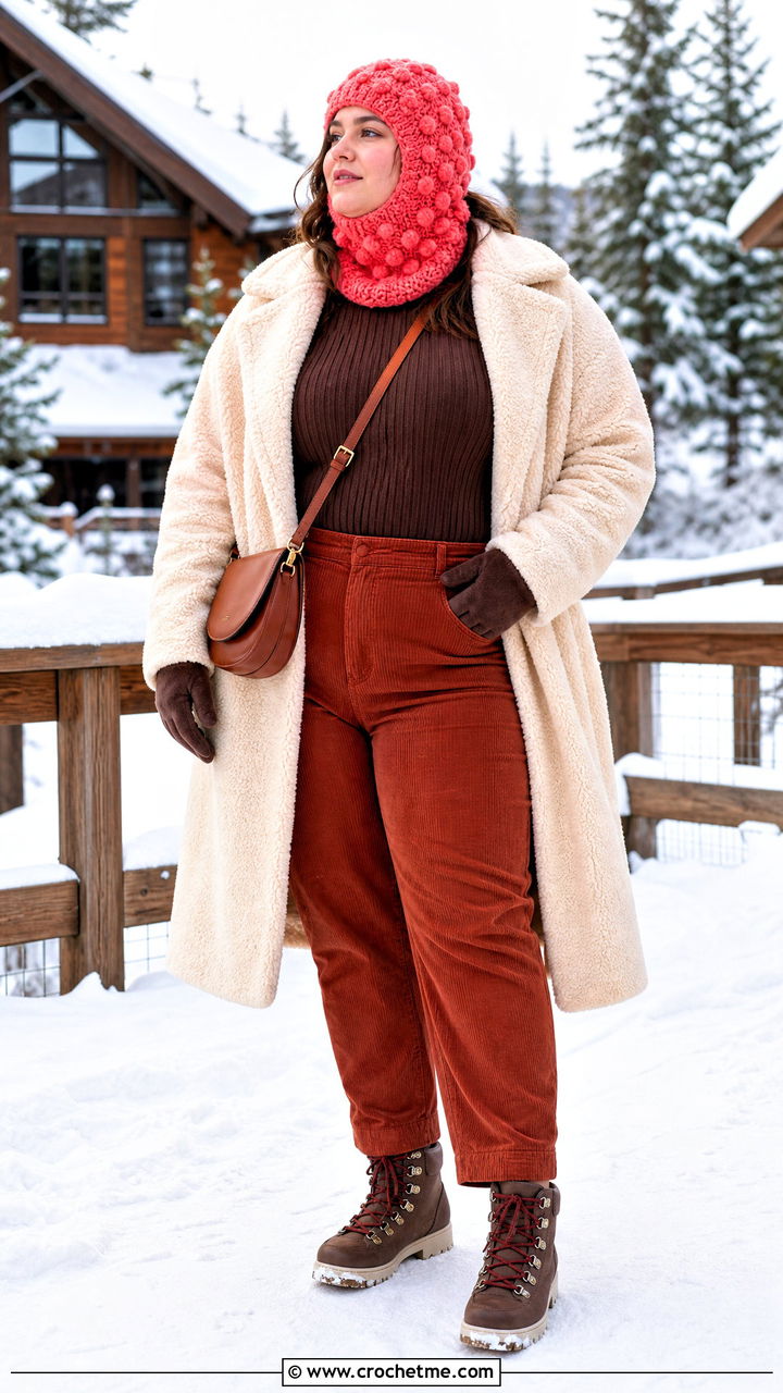 Bobble Stitch Crochet Balaclava With Teddy Coat And Corduroy Pants - 35 crochet balaclava outfit ideas