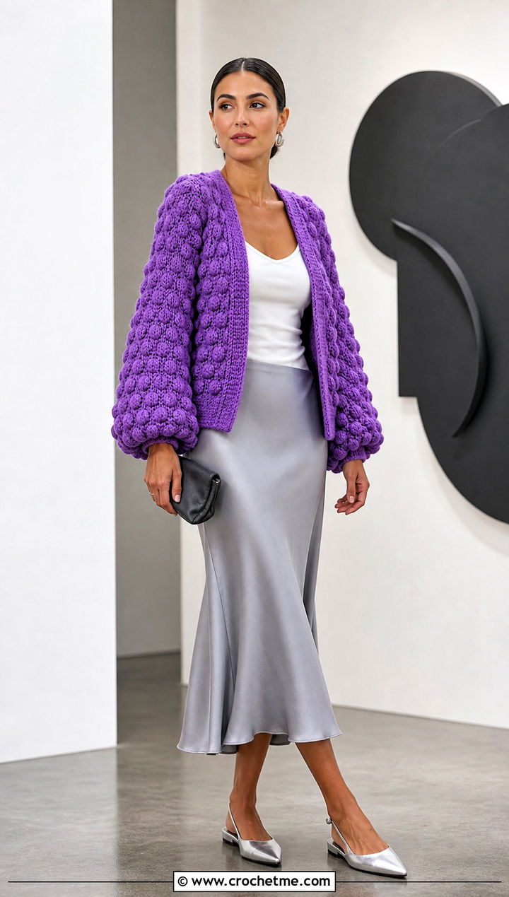 Bobble Stitch Crochet Balloon Sleeve Cardigan With Satin Skirt - 30 crochet balloon sleeve cardigan outfit ideas
