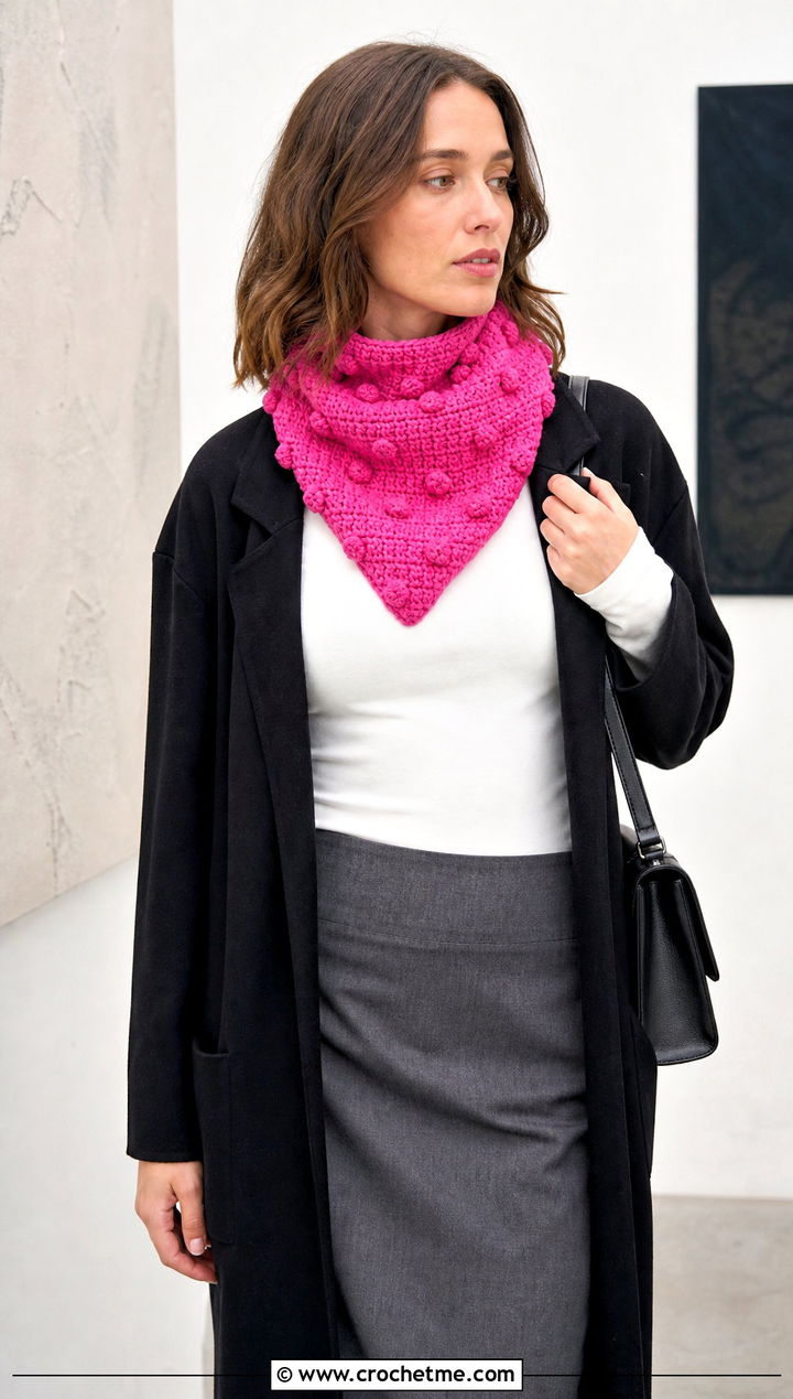 Bobble Stitch Crochet Bandana Cowl With Minimal Basics - 30 crochet bandana cowl outfit ideas