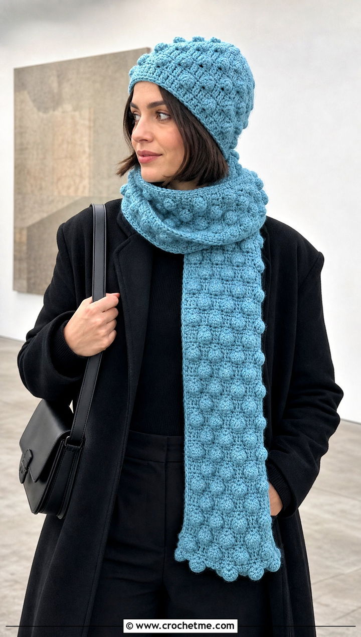 Bobble Stitch Crochet Beanie And Scarf Set With Monochrome Outfit - 30 crochet beanie and scarf set outfit ideas