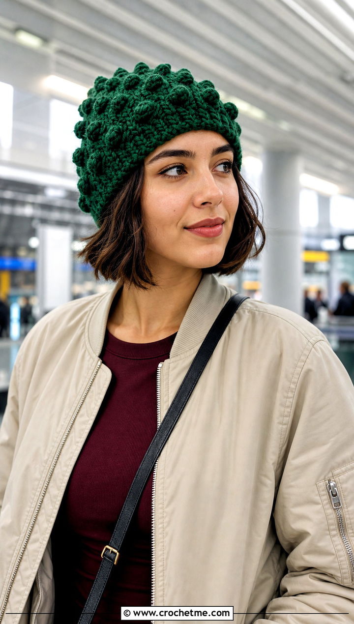 Bobble Stitch Crochet Beanie With Bomber Jacket - 20 Fun Crochet Beanie outfit ideas