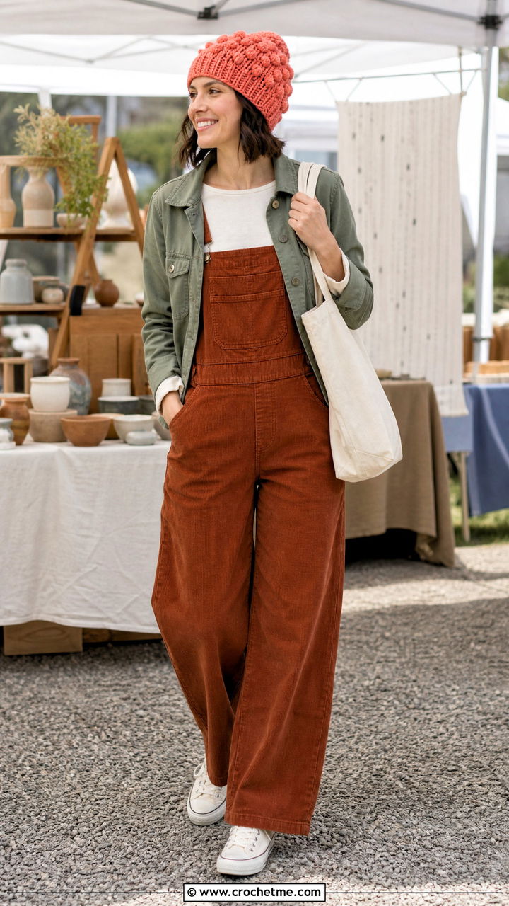 Bobble Stitch Crochet Beanie With Corduroy Overalls - 35 easy crochet beanie outfit ideas