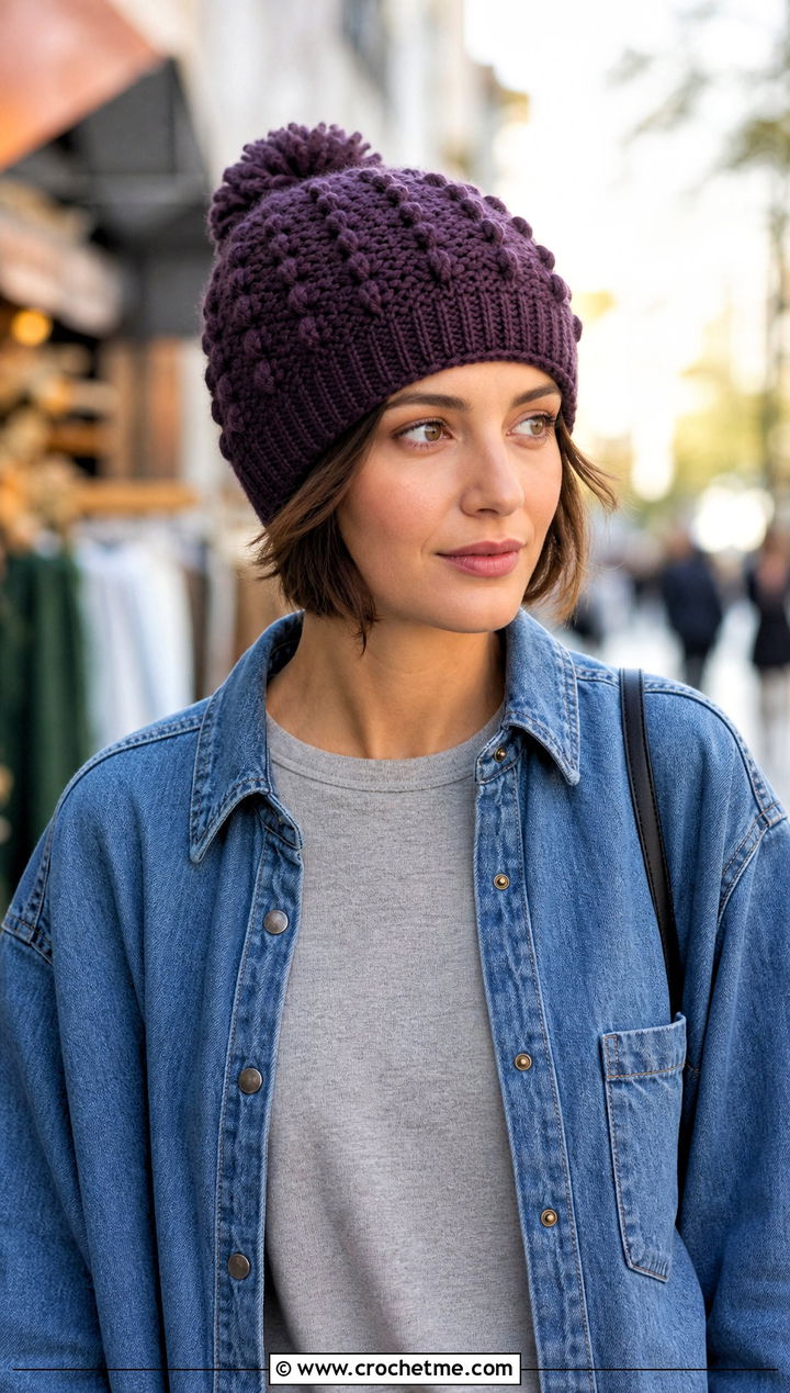 Bobble Stitch Crochet Beanie With Denim Shirt - 30 crochet beanies for women outfit ideas