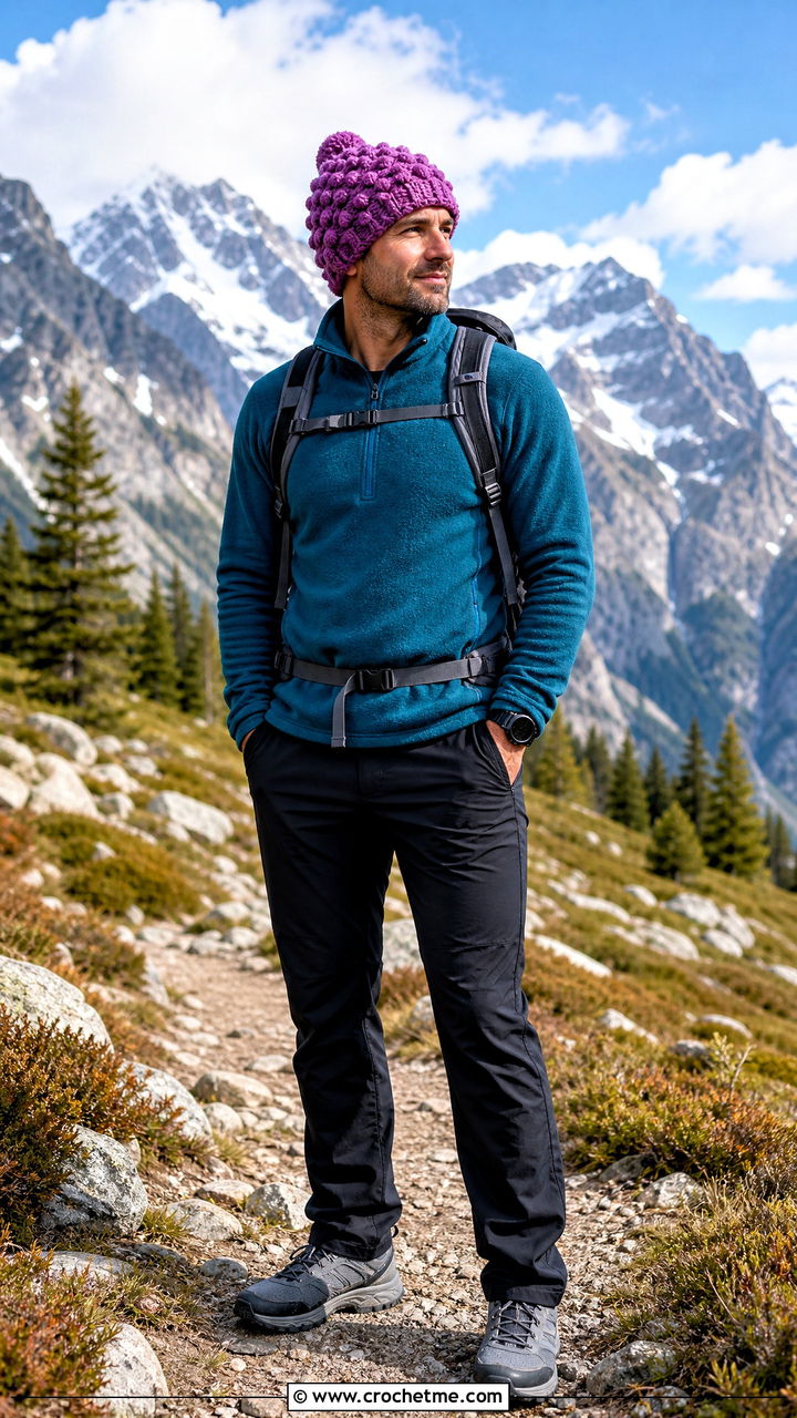 Bobble Stitch Crochet Beanie With Fleece And Hiking Pants - 35 crochet beanie for men outfit ideas