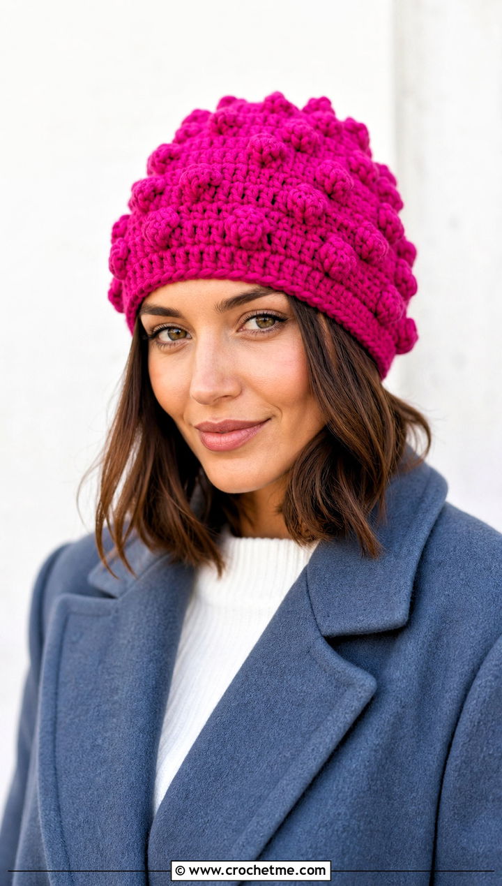 Bobble Stitch Crochet Beanie With Minimalist Coat - 35 basic crochet beanie outfit ideas