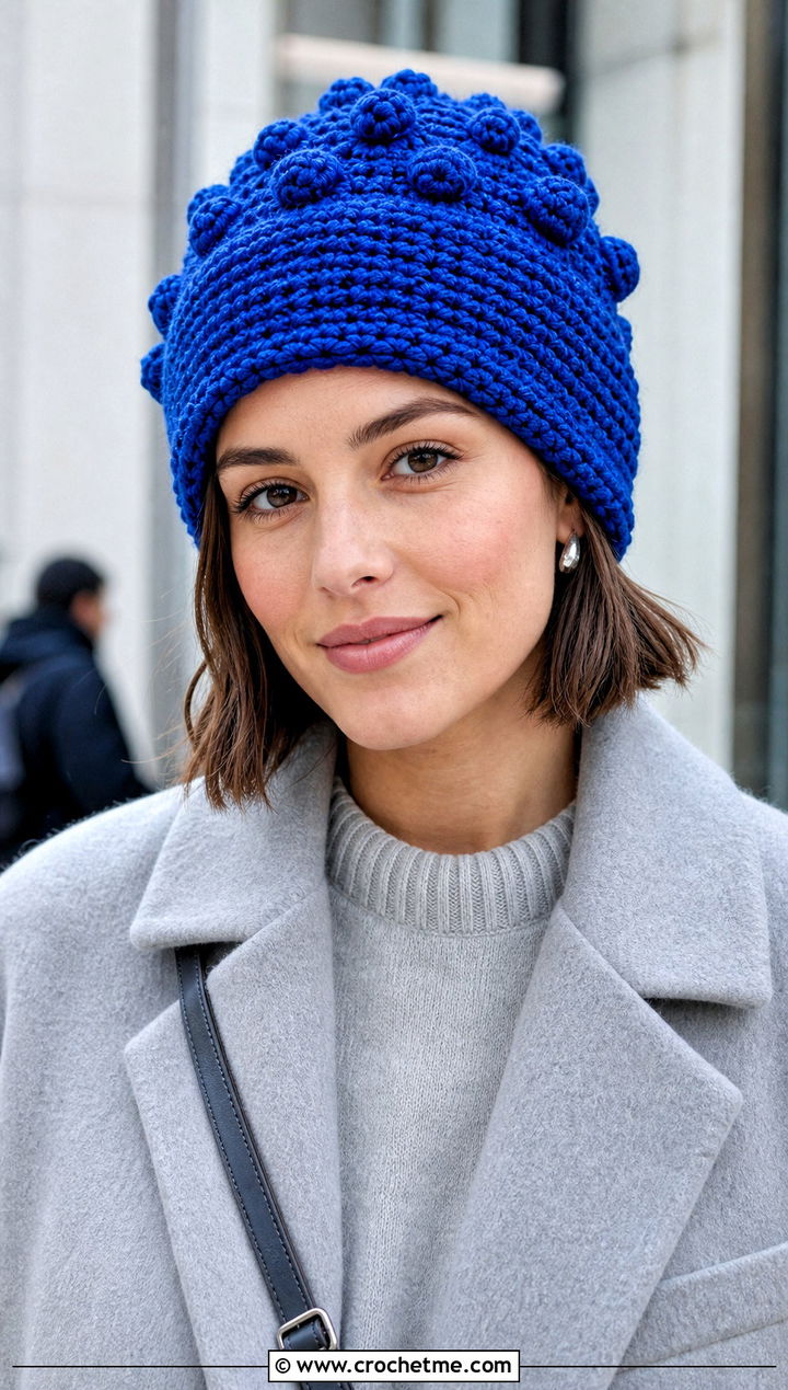 Bobble Stitch Crochet Beanie With Monochrome Sweater Outfit - 20 Boho Crochet Beanie outfit ideas